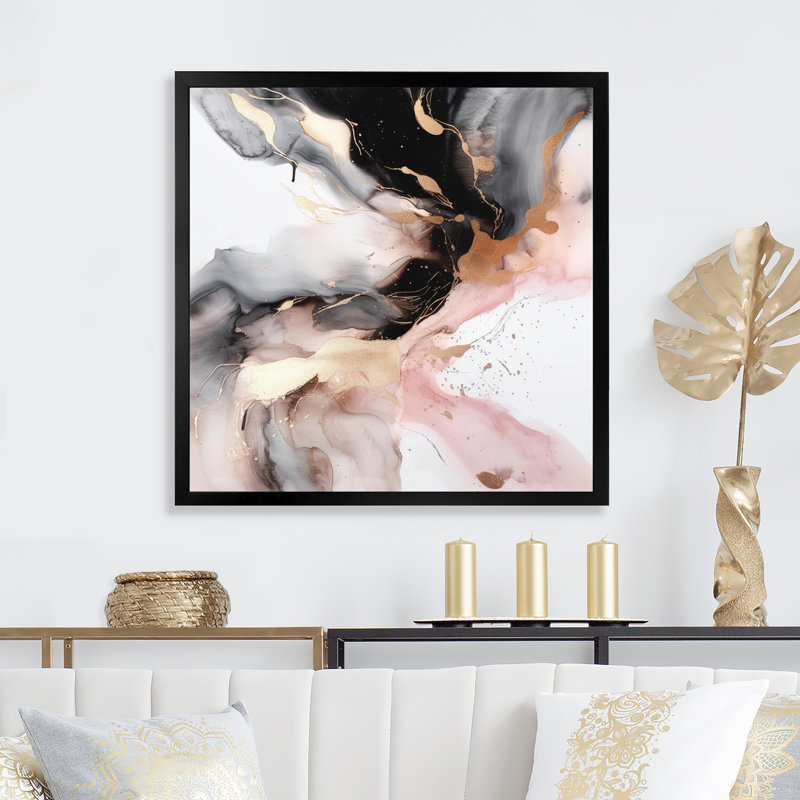 Marbre texturé rose noir I - art abstrait en marbre, Impression noire sur toile encadrée, H 16 po x l 16 po x P 1 po