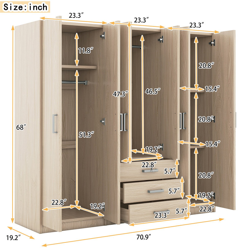 Rangement pour garde-robe en bois à 6 portes avec 6 grands tiroirs, Brun