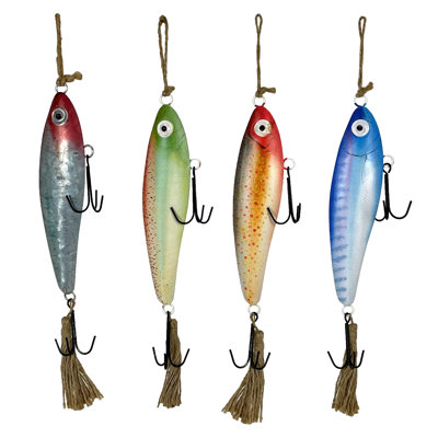 Coastal multicolor metal fishing lure wall art with jute hangers, set of 4, 17 inches wide