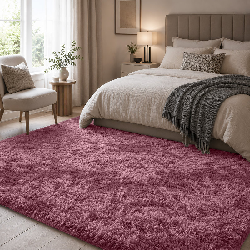 Luxury Plush Shaggy Area Rug & Runner, Soft Deep-Pile Non-Slip Living Room Carpet, Rectangle 200 x 290 cm, Pink/Lilac