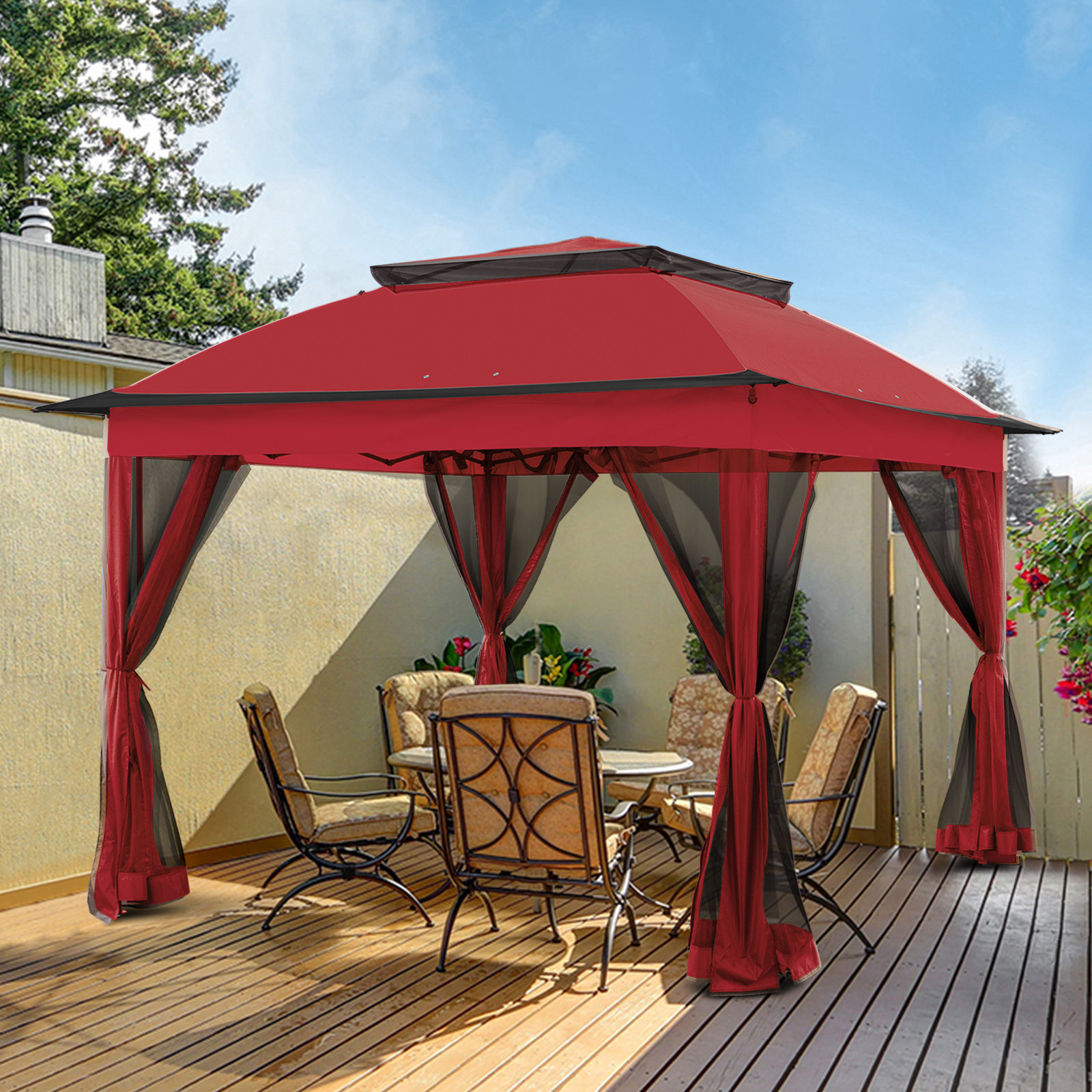 12'x10' Patio Gazebo, Heavy Duty Outdoor Canopy With Mesh Curtains And  Safety Bars, Canopy Tent With Waterproof Double Roof Tops, For Garden