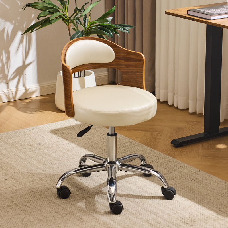Ring-Shaped Wooden Back Office Chair With Foot Spikes And Wheels, Ivory