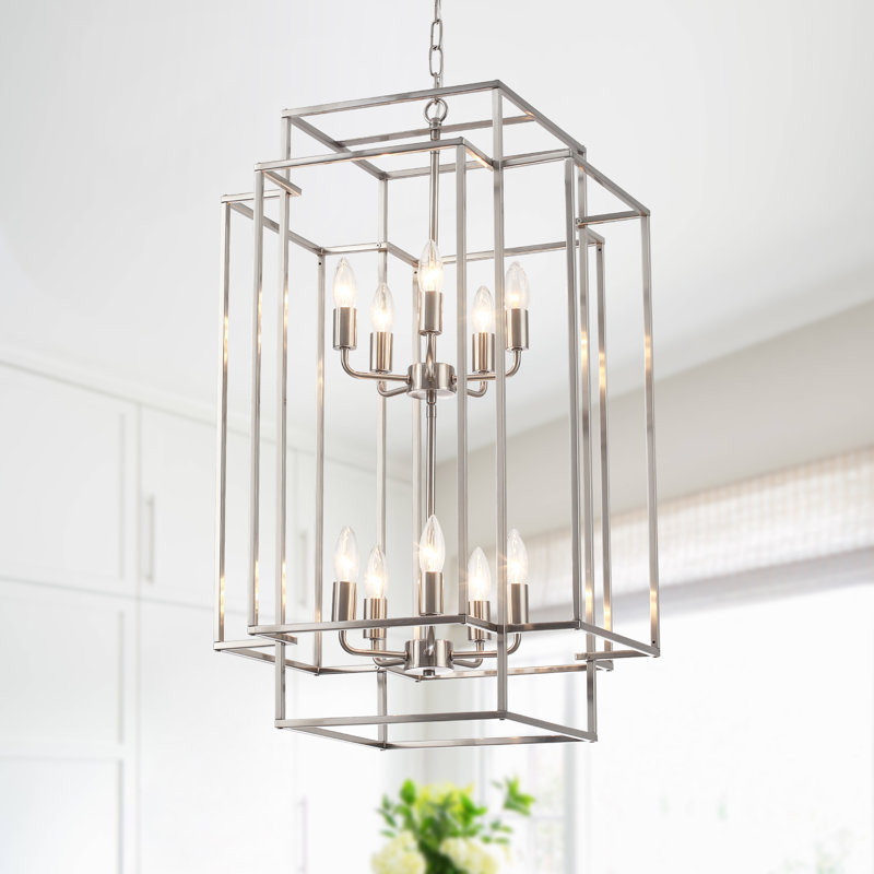 Grand lustre campagnard à 2 niveaux à 10 lumières à intensité variable de style lanterne, l 19 po 30,71 po, Nickel