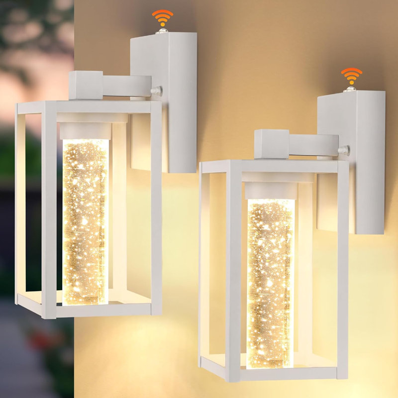 Outdoor Light Fixture Wall Mount With Crystal Bulb, 2 Pack Exterior Wall Lantern Waterproof, Outside Porch Sconce, Metal Finish & Tempered Glass Shade