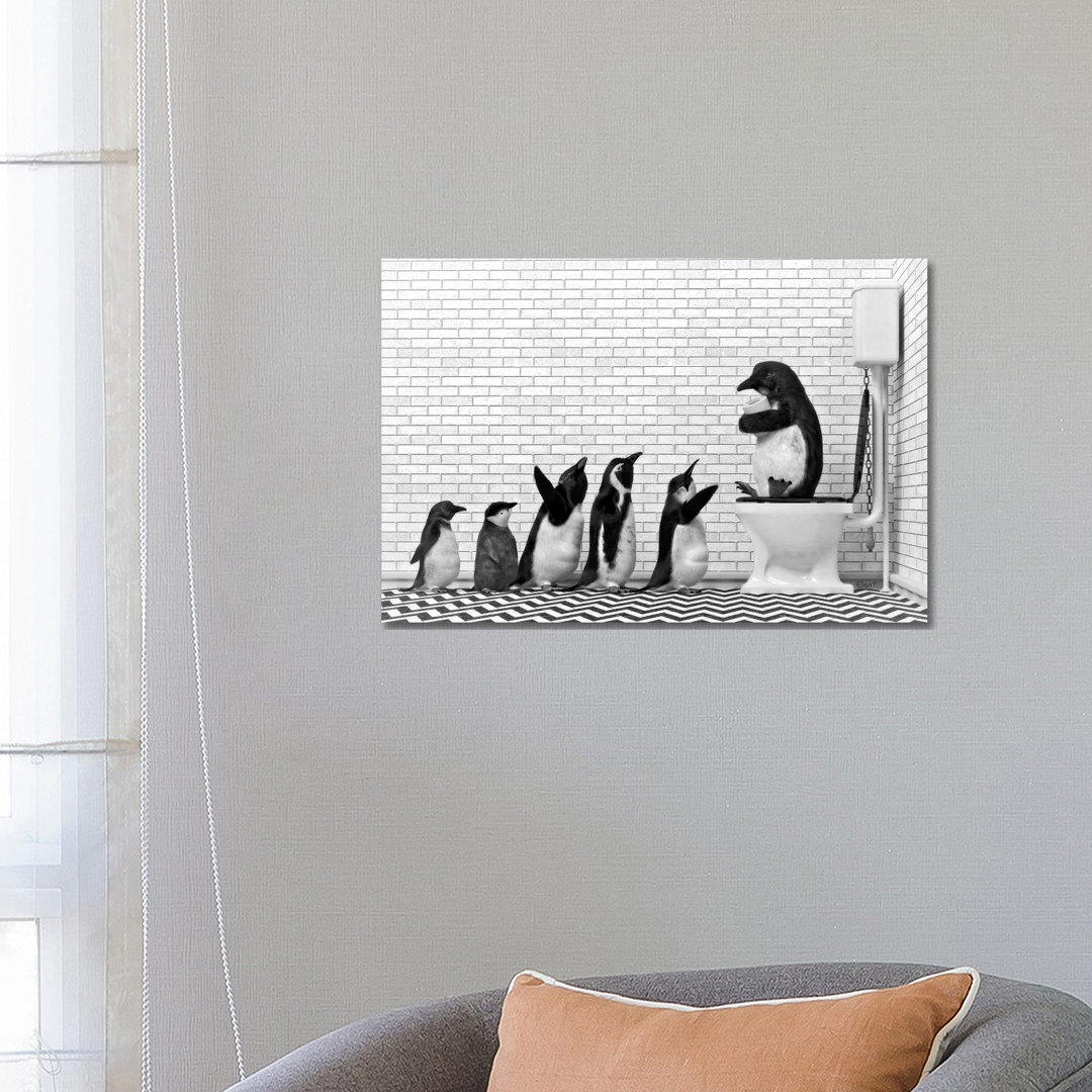 Pinguin-Familie auf der Toilette von Jauffrey Philippe - Giclée auf Leinwand ohne Rahmen Galerie-verpackt