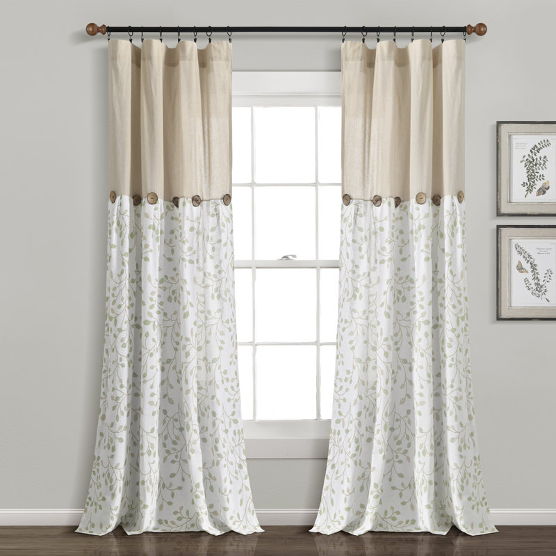Linen Button Botanical Garden Cotton Blend Semi Sheer Curtain Single Panel, Neutral