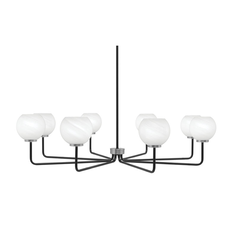 Lustre 8 lumières Amarmula, noir mat et finition graphite, verre marbré blanc de 5,75 po, Noir / nickel, Blanc