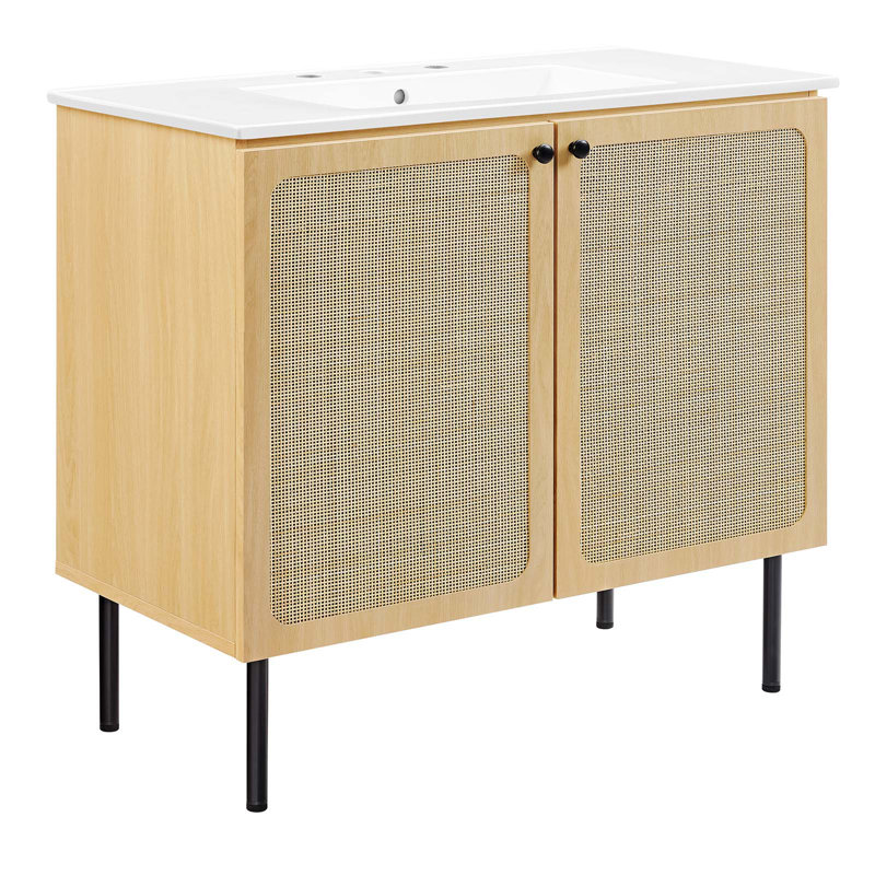 Meuble-lavabo simple 36 po avec plateau en bois Modway, Blanc, Chêne / noir