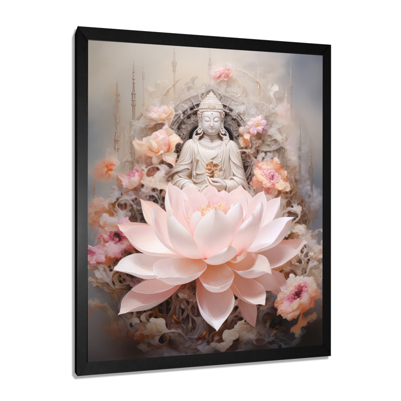 Bouddha rose, lotus de la sagesse sur toile, L 16 po x H 32 po x P 1 po, Cadre simple noir