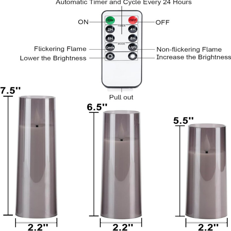 Grey Flameless Candles 9 Set, Battery Operated Candles With Remote Control And Timer, Flickering Led Pillar Candles For Home Halloween Decor, 3d Wick, Warm Yellow Light, D2.2 Xh5 6" 7"