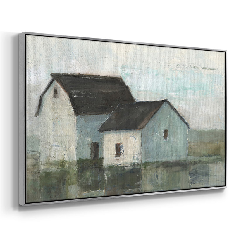 «Barn At Sunset II», peinture sur toile encadrée, H 25 po x l 37 po x P 2 po, Encadrement argenté