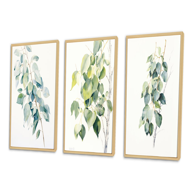 «Green White Minimalisme Eucalyptus Essence II», 3 pièces sur toile, Cadre naturel flottant, H 40 po x l 60 po