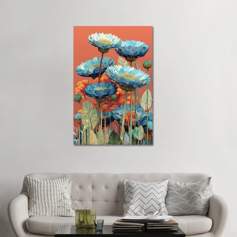Fleurs sauvages bleues - reproduction d'art murale - toile tendue, 48 po x 32 po, Toile tendue avec châssis, Sans cadre
