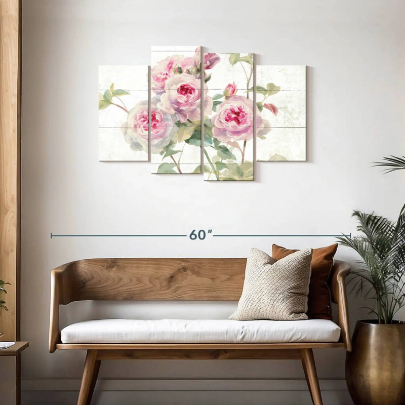Douces roses sur bois, H 27 po x l 43 po