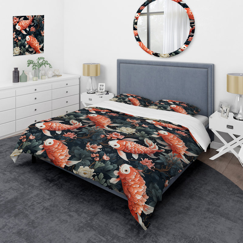 Ensemble de housse de couette Koi Fish Nishikigoi Watercolor, Housse de couette simple + 1 taie décorative stan