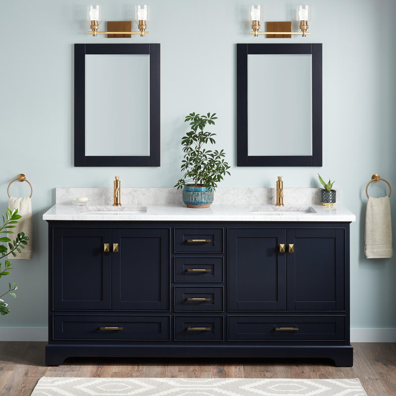 Quen 72" Freestanding Double Basin Vanity Set with Cabinet, Vanity Tops, Midnight Navy Blue, Single-Hole, Carrara Marble