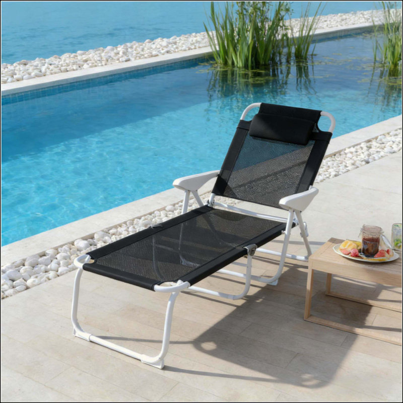 Chaise de bronzage d'extérieur, chaise longue pliante, Noir, Blanc