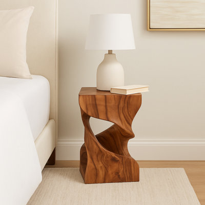 Table d'appoint moderne en bois sculptural moderne pour le décor du salon - Table de bout étroite pour la chambre à coucher, le canapé ou les petits espaces - Brun