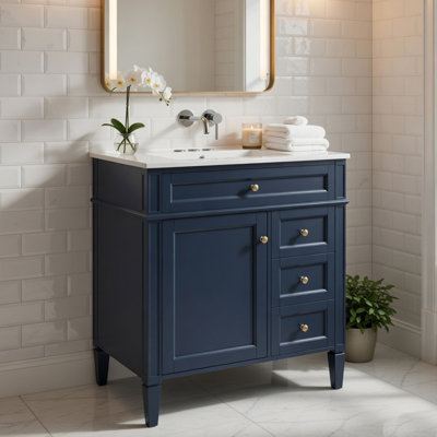Meuble-lavabo avec lavabo en céramique Roze, 3 tiroirs, bois bleu 30 po Roze