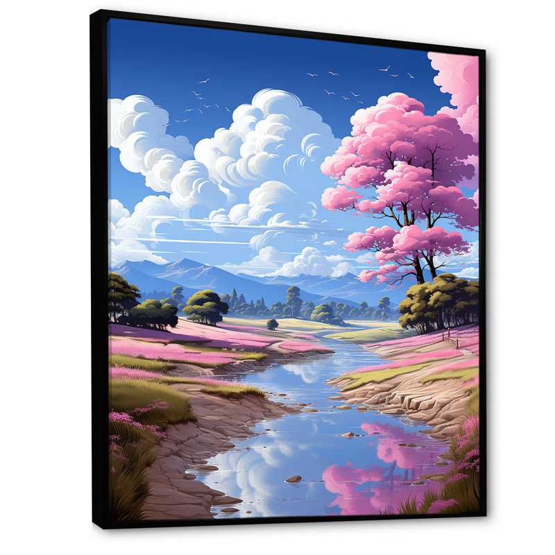 «Rose and Blue Pink Traverse River», art mural abstrait, Cadre flottant noir, H 40 po x l 30 po x P 1,5 po