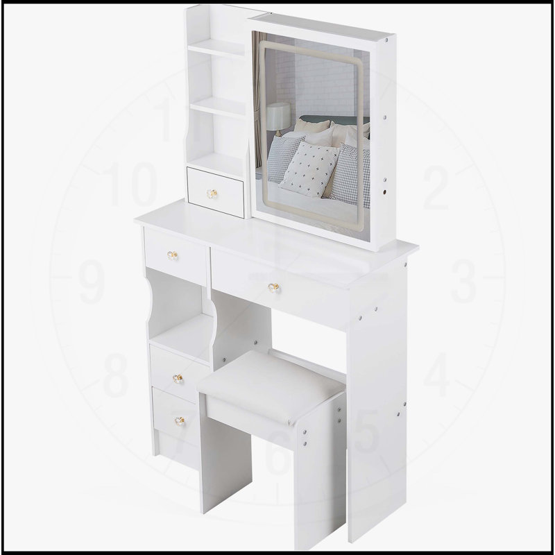 Compact Desktop Vanity Table with Advanced LED Mirror and Ample Storage, White