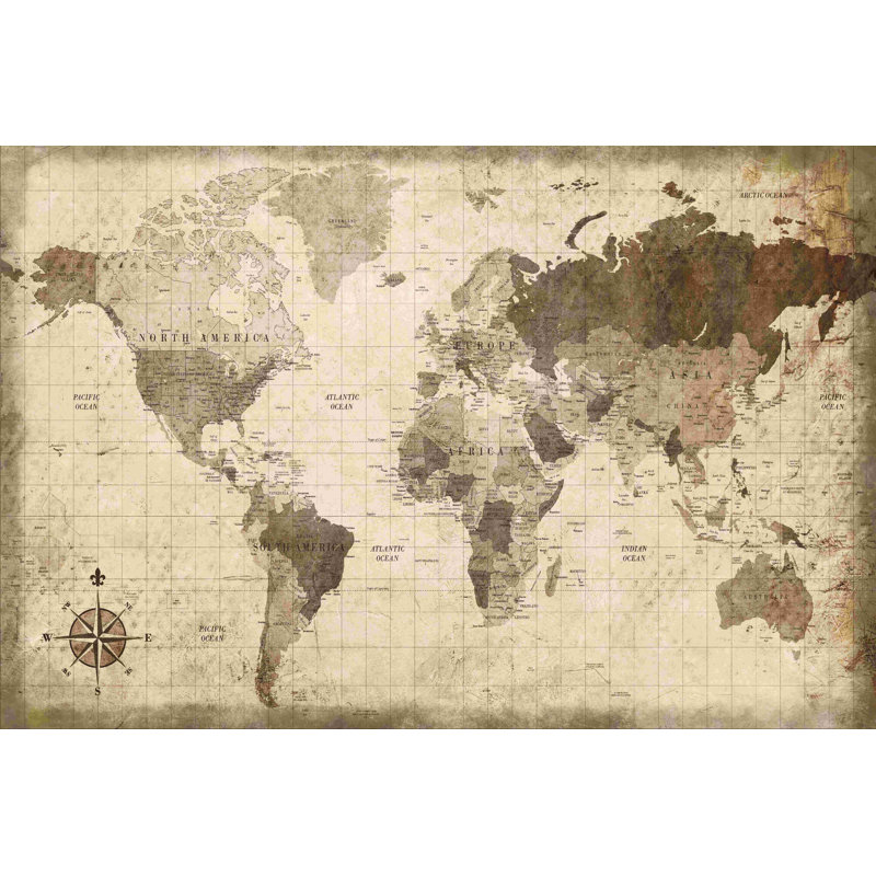 Carte du monde délavée - impression sur toile tendue, H 20 po x l 30 po