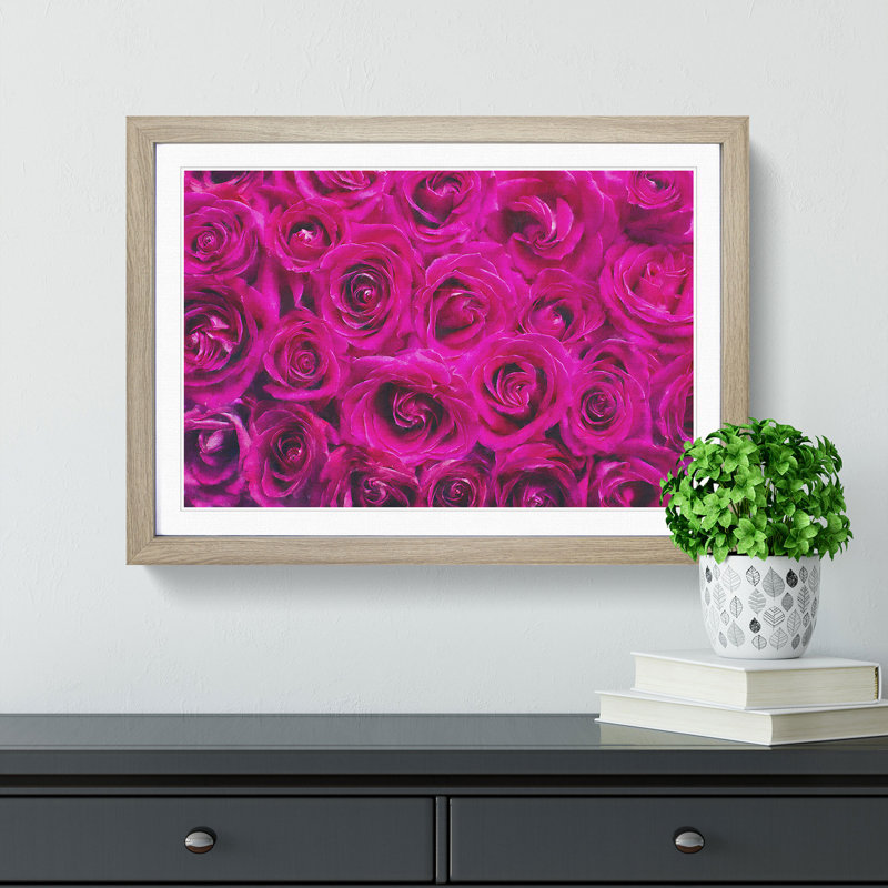 Wall of Bright Pink Roses - Picture Frame Painting Print, 24cm H x 33cm W x 2cm D, Oak Framed