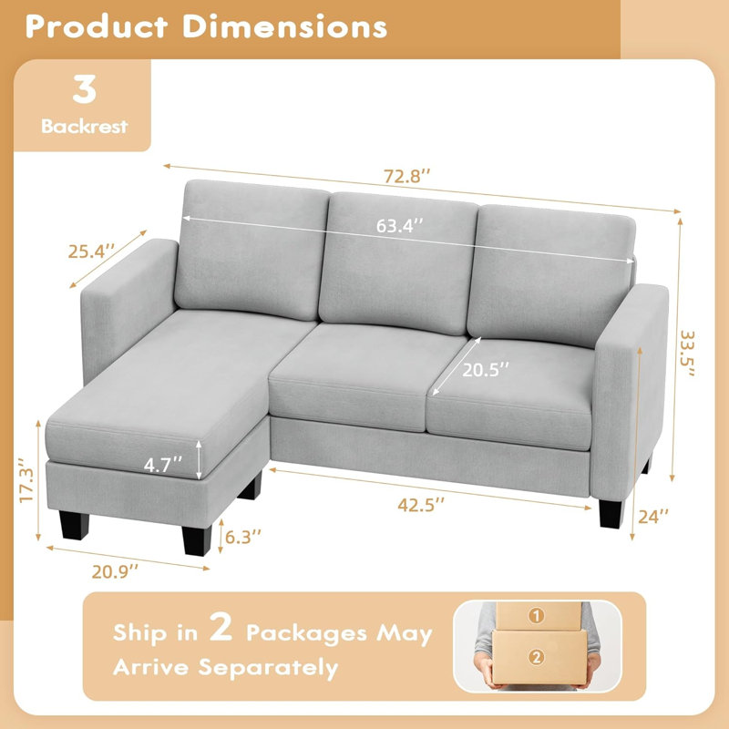 72" Upholstered Sofa Chaise, Light Gray