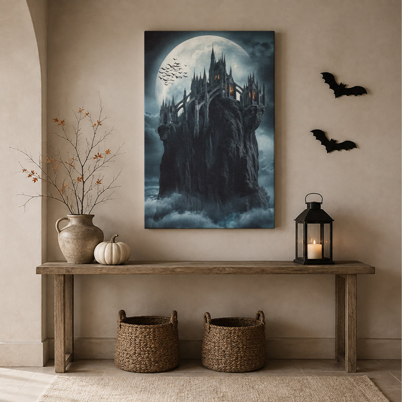 Art mural sur toile, château gothique foncé sur une falaise au clair de lune, H 18 po x l 12 po