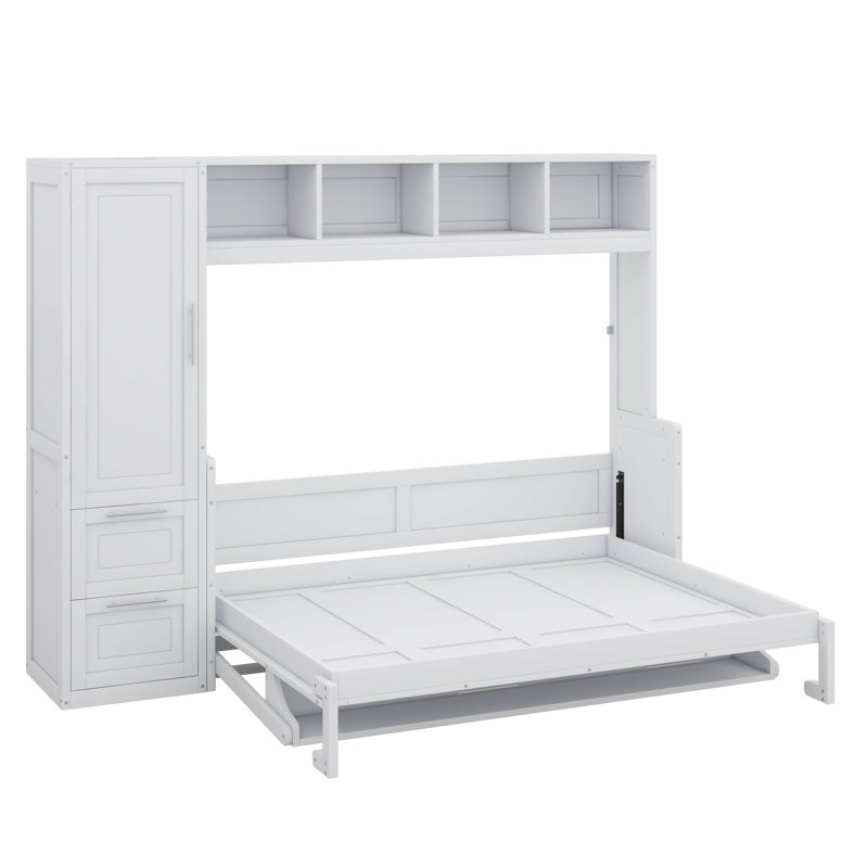 Grand lit escamotable mural avec placard, tablettes et tiroirs, Grand lit, Blanc