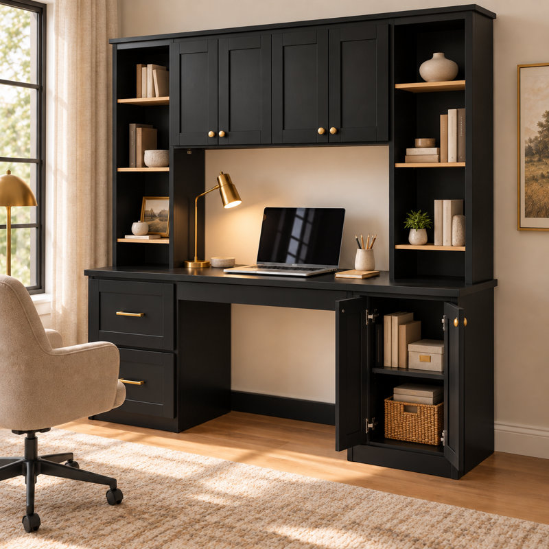 Bureau d'ordinateur de style campagnard avec tablette supérieure, tiroir à dossiers suspendus, plateau pour clavier, tablettes réglables et système de gestion des câbles.