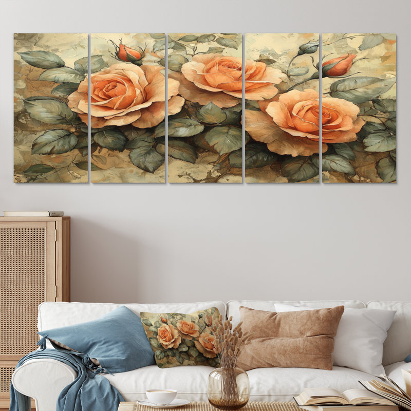 Roses, tons de terre et fleurs II - - Décoration murale roses - Art mural moderne Decor, 5, H 32 po x l 80 po