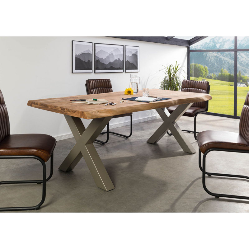 Solid Wood Top Metal Base Dining Table, 77 cm H x 180 cm L x 90 cm D, Nature, Silver