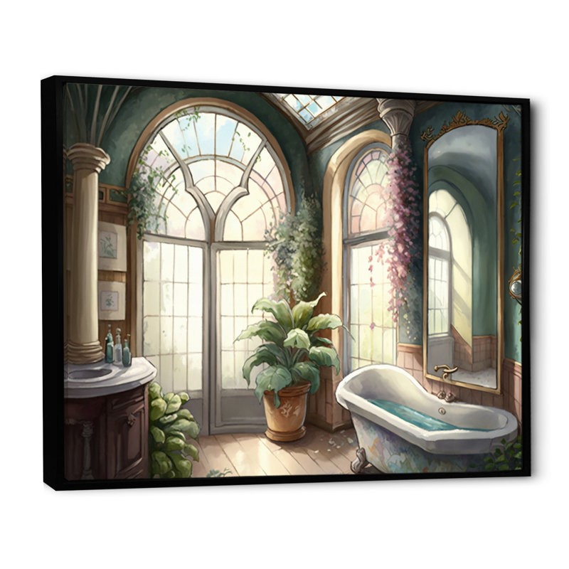 Victorian Bathroom I - Art mural de salle de bain, 24" H x 32" W, Cadre flottant noir