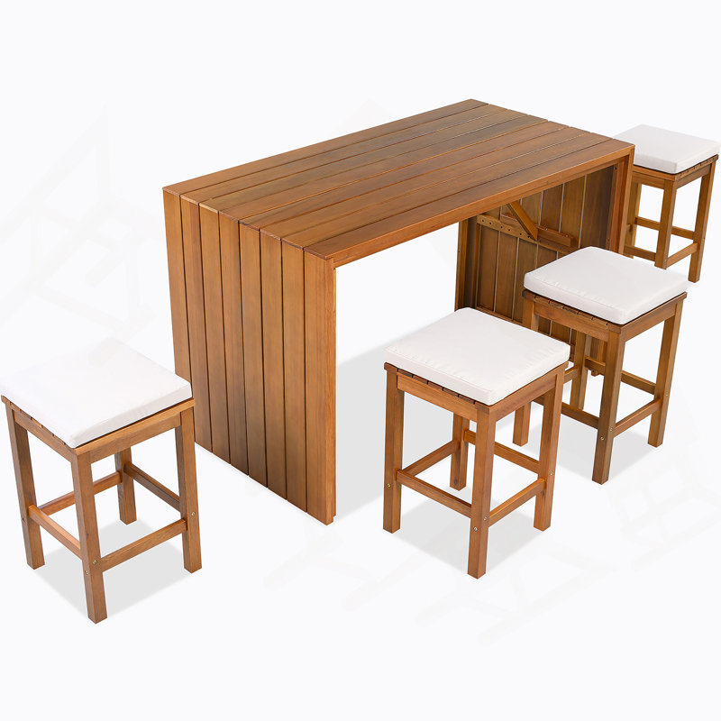 Ensemble de bar extérieur 5 pièces, table de salle à manger en bois de patio et quatre tabourets avec coussins pour la cour, le bord de la piscine et le balcon