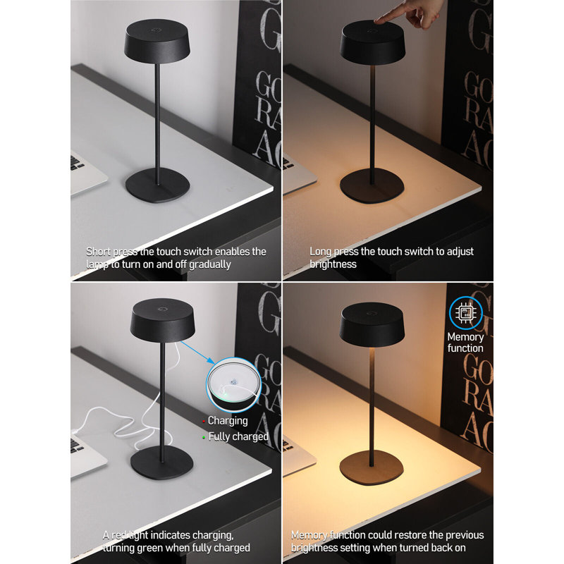 LED Rechargeable Wireless Table Lamps, IP54, Touch Control, Dimmable, 2700K Soft White, Black