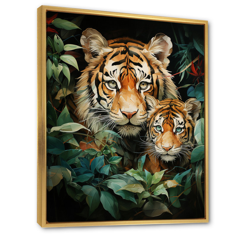 Art asiatique, tigres dans la jungle - impression, H 32 po x l 16 po x P 1 po, Cadre flottant doré
