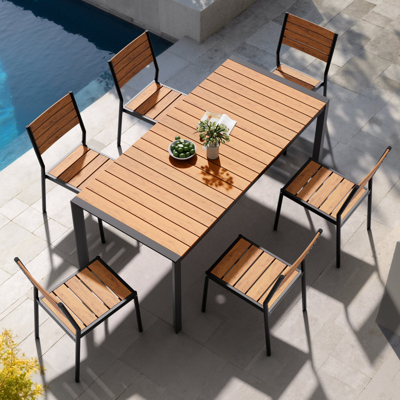 6 - Person 71.5'' W' X 33'' D Aluminum Patio Dining Set With Umbrella Hole And Stackable Chairs, Brown