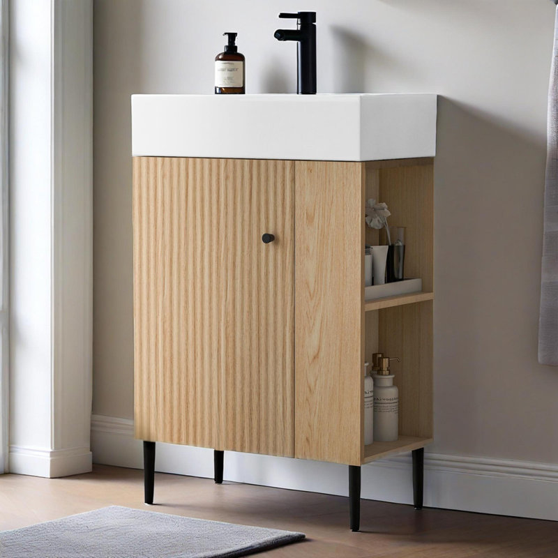 Armoire de rangement 21,6 po, meuble-lavabo en bois, lavabo simple en céramique, rangement à droite 
