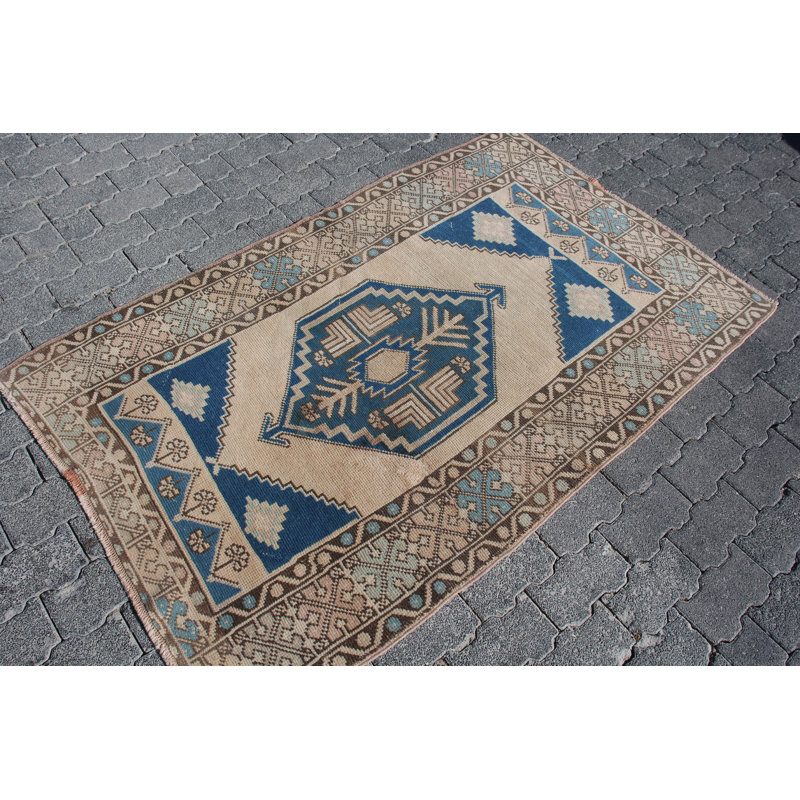Tapis tribal turc rétro avec motif géométrique - décoration bohème beige faite à la main