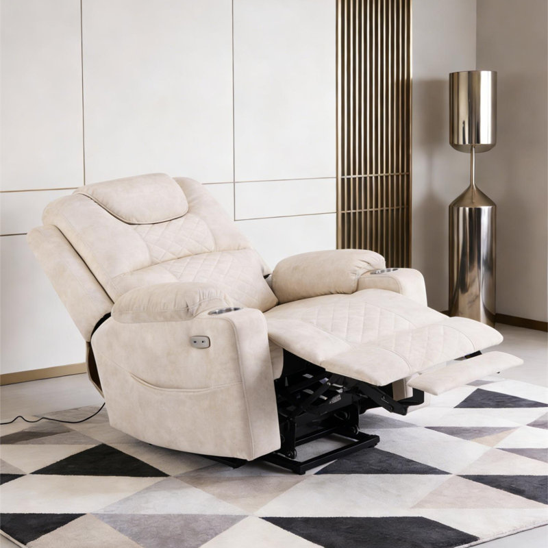 Upholstered Power Lift Chair For Elderly,Recliner With Heat & Massage,Cup Holders And Usb Ports, Creamy White
