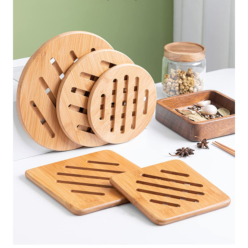 Dessous de plat en bambou avec égouttoir, dessous de plat en bambou naturel pour plats chauds, casseroles, bols, théières, lot de 8,