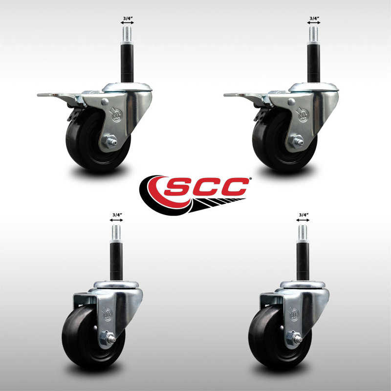 3 Inch SS Hard Rubber Swivel 3/4 Inch Expand Stem Caster Set 2 Total Lock Brakes