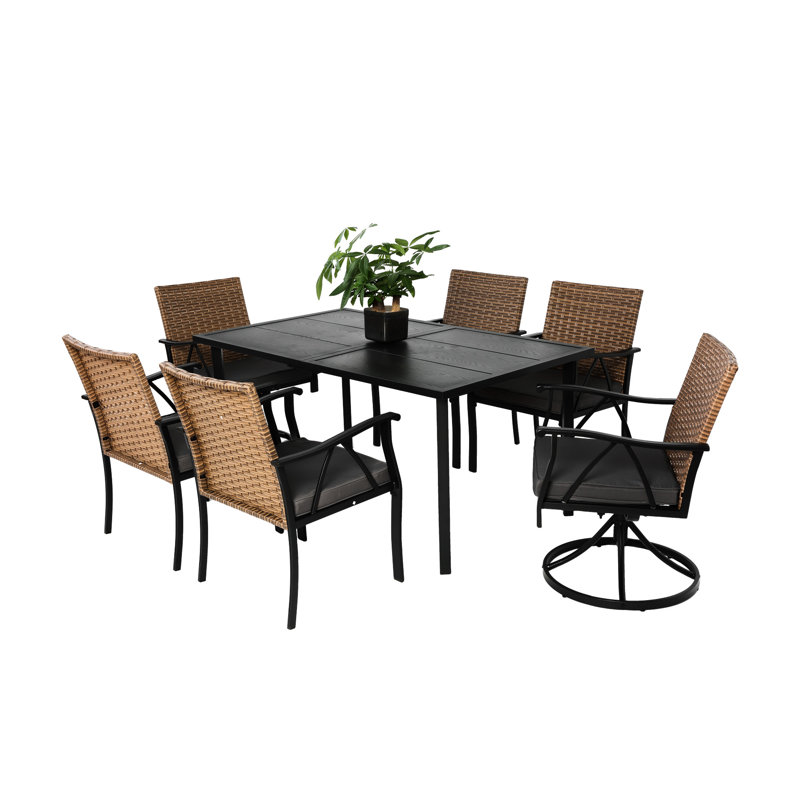 Ensemble de 7 chaises de patio, coussins confortables et table en acier, meuble d'extérieur brun / gris, table d'appoint, fauteuils confortables, brun / gris