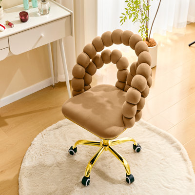 Fauteuil de bureau pivotant avec dossier à bulles réglable en hauteur, fauteuil de coiffeuse mignon pour chambre à coucher et salle de maquillage, base dorée et roulettes