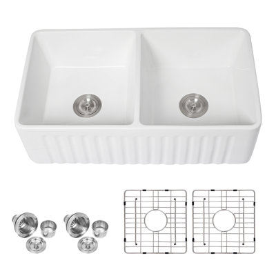33" L x 18" W Farmhouse Ceramic Kitchen Sink Apron Front Double Bowl 50/50 White Porcelain Kitchen Sink