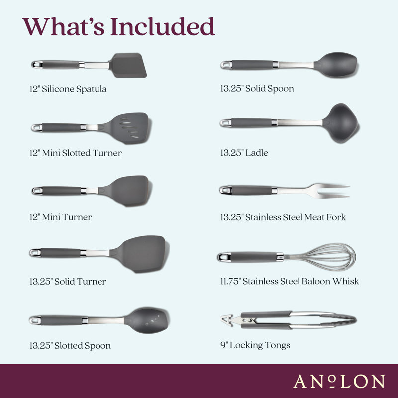 Anolon Tools and Gadgets SureGrip Nylon Nonstick Kitchen / Cooking Utensil Set, 10 Piece, Graphite