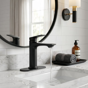 Modern Geometric Single-Handle Bathroom Faucet with Deck Plate, Spot-Resistant Matte Black