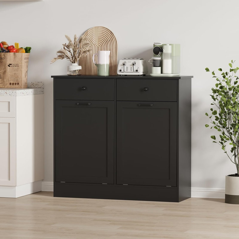 Wooden Tilt Out Trash Can Cabinet, 20 Gallon Hidden Garbage Can Cabinet with Deodorizing Function, Double Laundry Cabinet with 2 Drawers for Kitchen