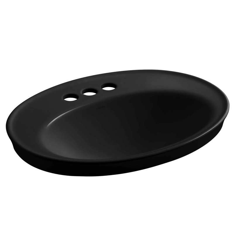 Serif Ceramic Oval Drop-In Bathroom Sink with Overflow, Black, 4'' Centerset
